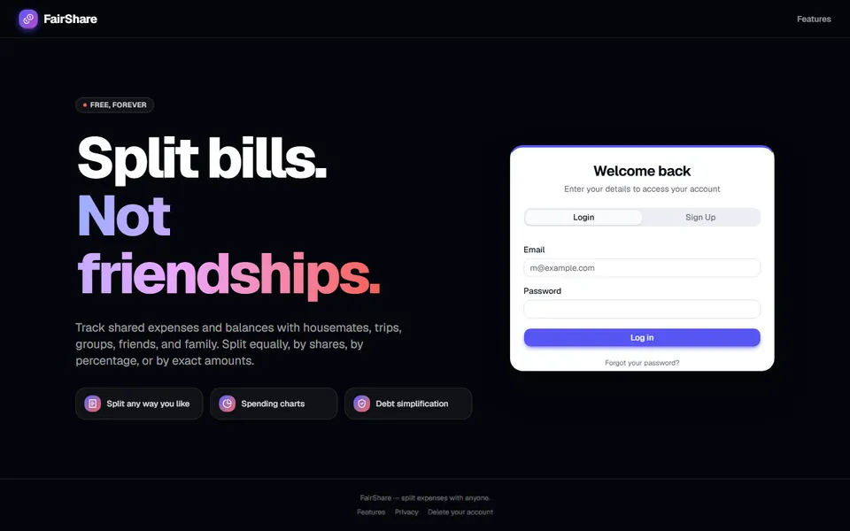 FairShare's home page, with the headline Split bills. Not friendships.