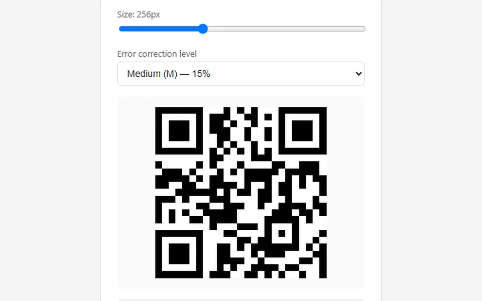 The QR Code Generator showing a generated code and its size and error-correction settings