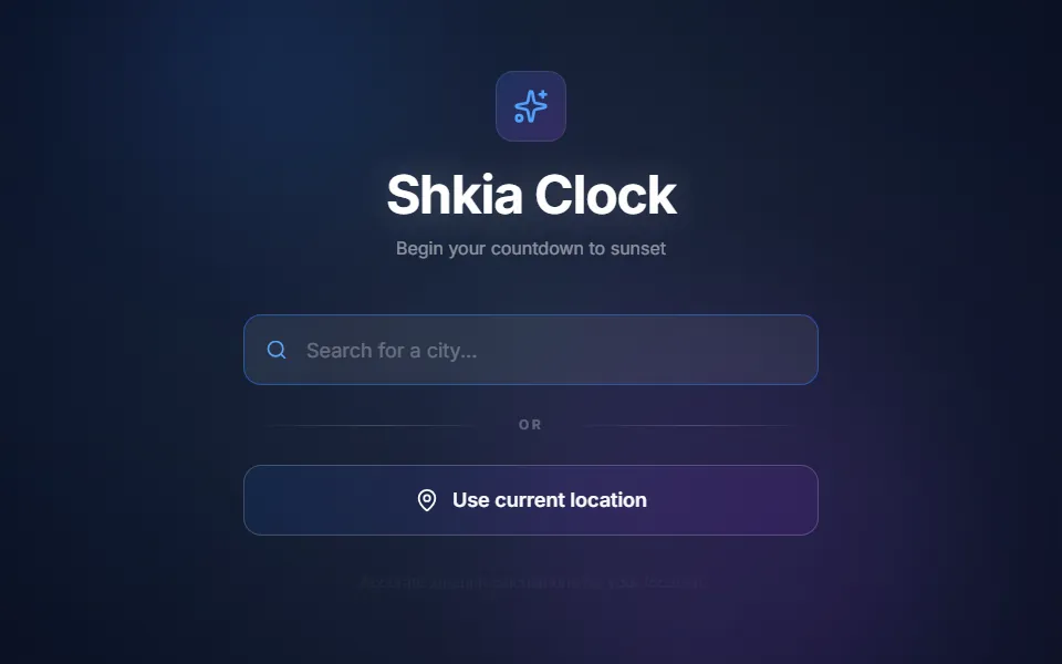 Shkia Clock's start screen, with a city search and a use-current-location button